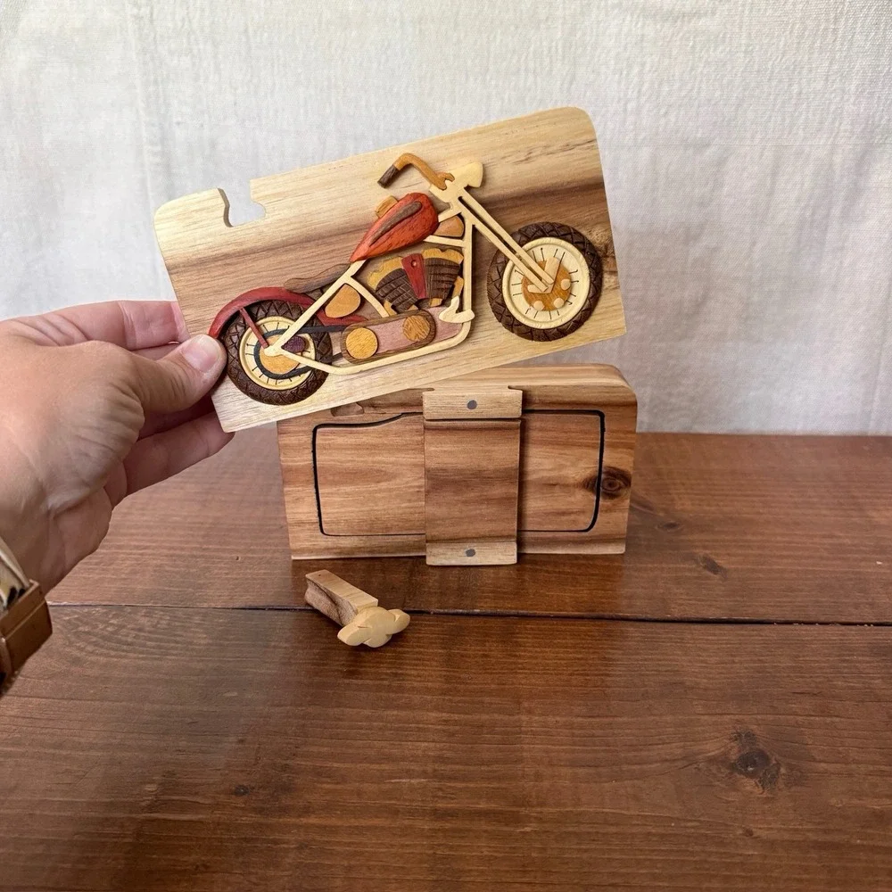 RARE Carver Dan's Hand Carved Harley Davidson Motorcycle Puzzle Trinket Box
